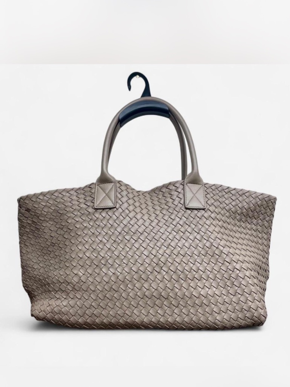 Intrecciato Italian leather gray taupe tote bag with matching zipper pouch